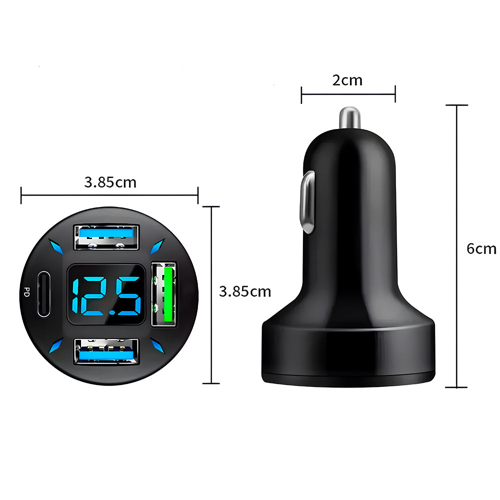 Carregador Veicular Turbo Fast Charging Com Três Portas USB 3.1A e Uma Porta USB-C - Preto