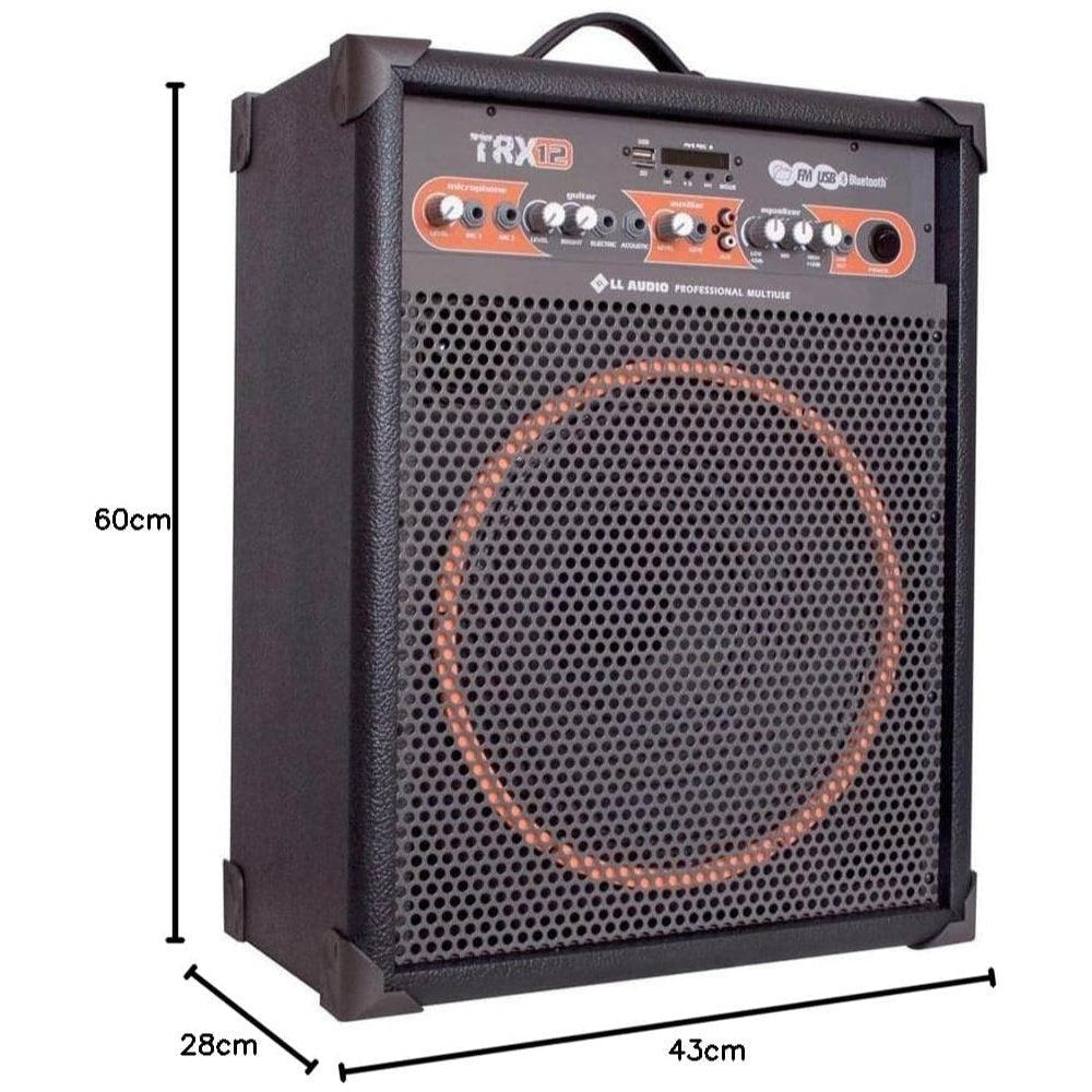 Caixa de Som LL Áudio TRX12 Amplificada, Multiuso, 80W RMS, Bluetooth, USB, FM, Microfone Sem Fio, Bateria 6h, Preto