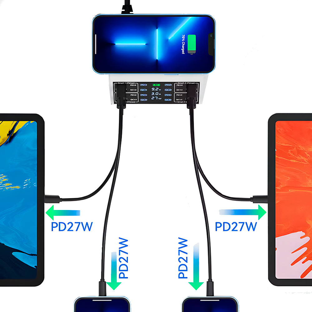 Estação de Carregamento 100W Com 4 Entradas USB e 4 Entradas USB-C - Suporte a Carga Sem Fio Asometech - Branco
