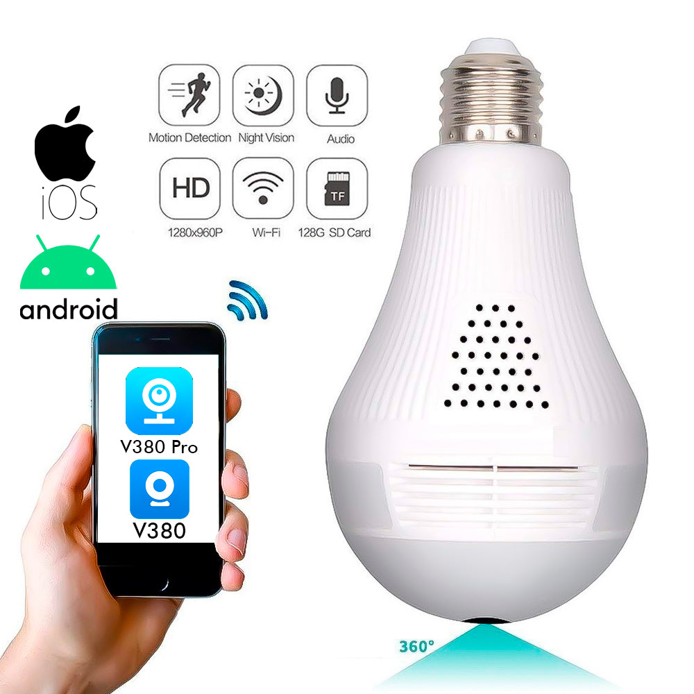 Camera de Segurança IP Lâmpada Espiã 360° V380 V380 Pro Panorâmica Com Infravermelho - VRCAM