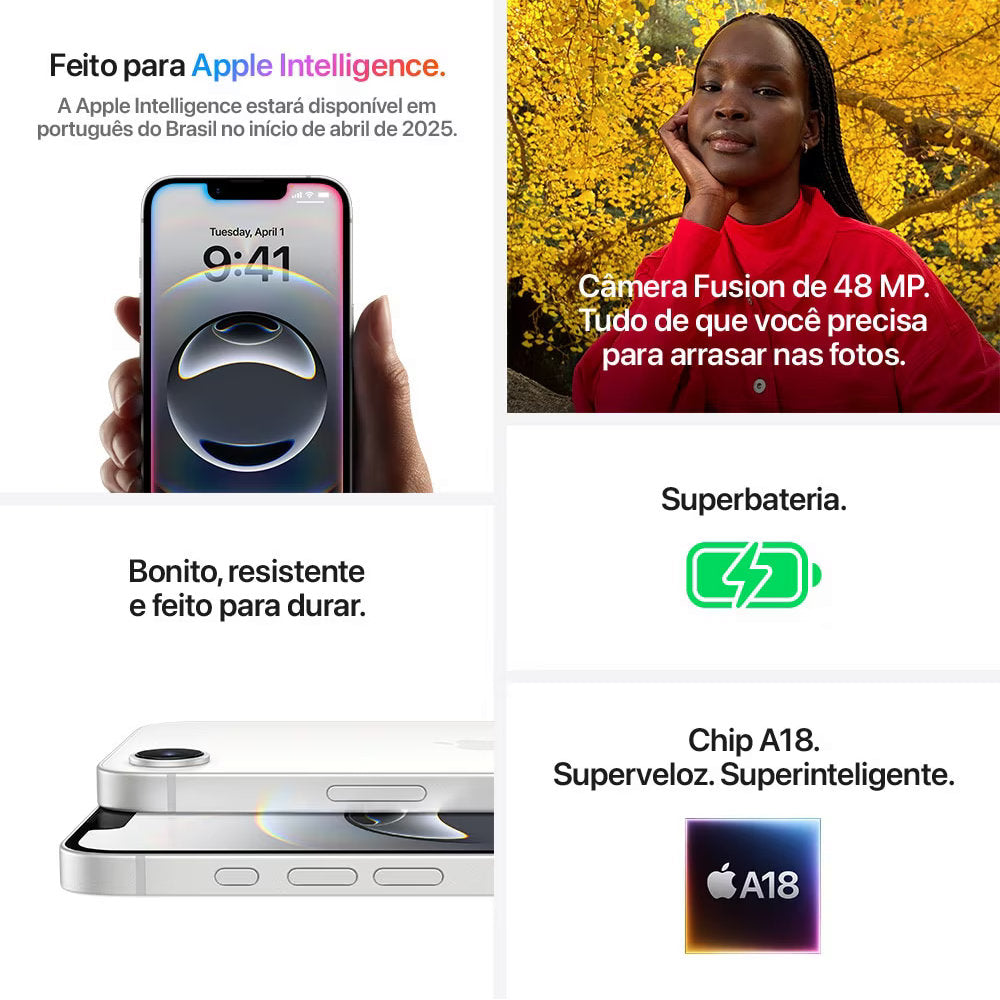 Apple iPhone 16e 128GB Branco Tela 6.1" Câmera 48MP Chip A18 5G