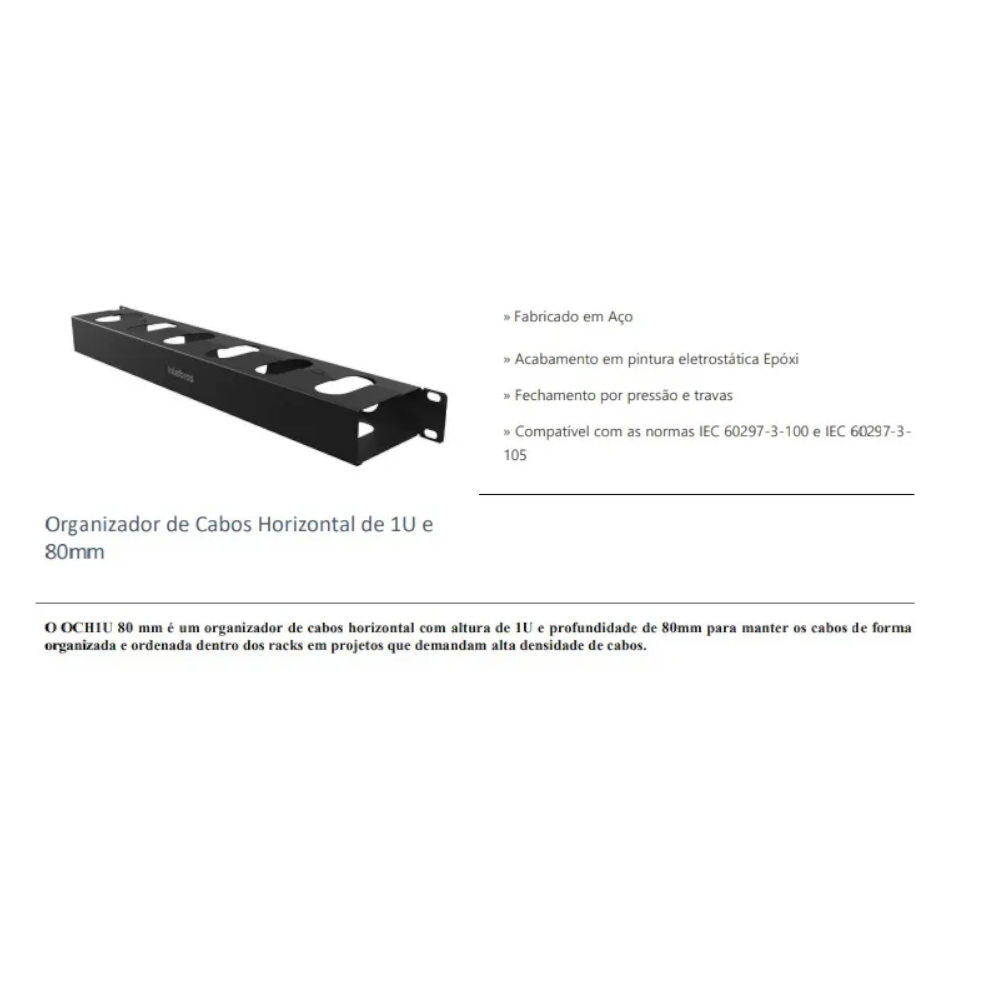 Organizador de Cabos Intelbras OCH1U, 1U Horizontal, 80mm, Compatível com Racks Padrão 19
