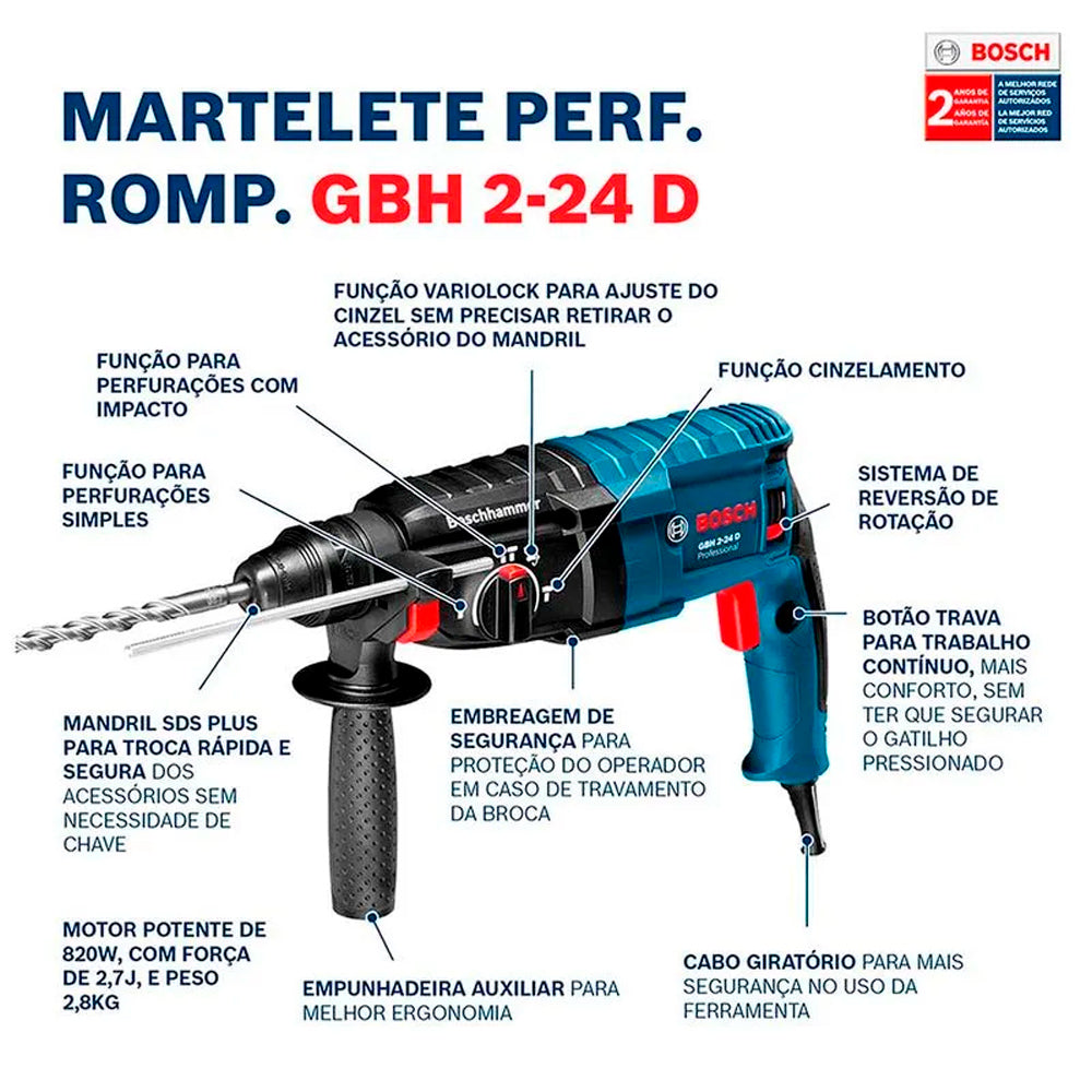 Martelete Perfurador Bosch Gbh 2-24 D 820W 220V Com Maleta