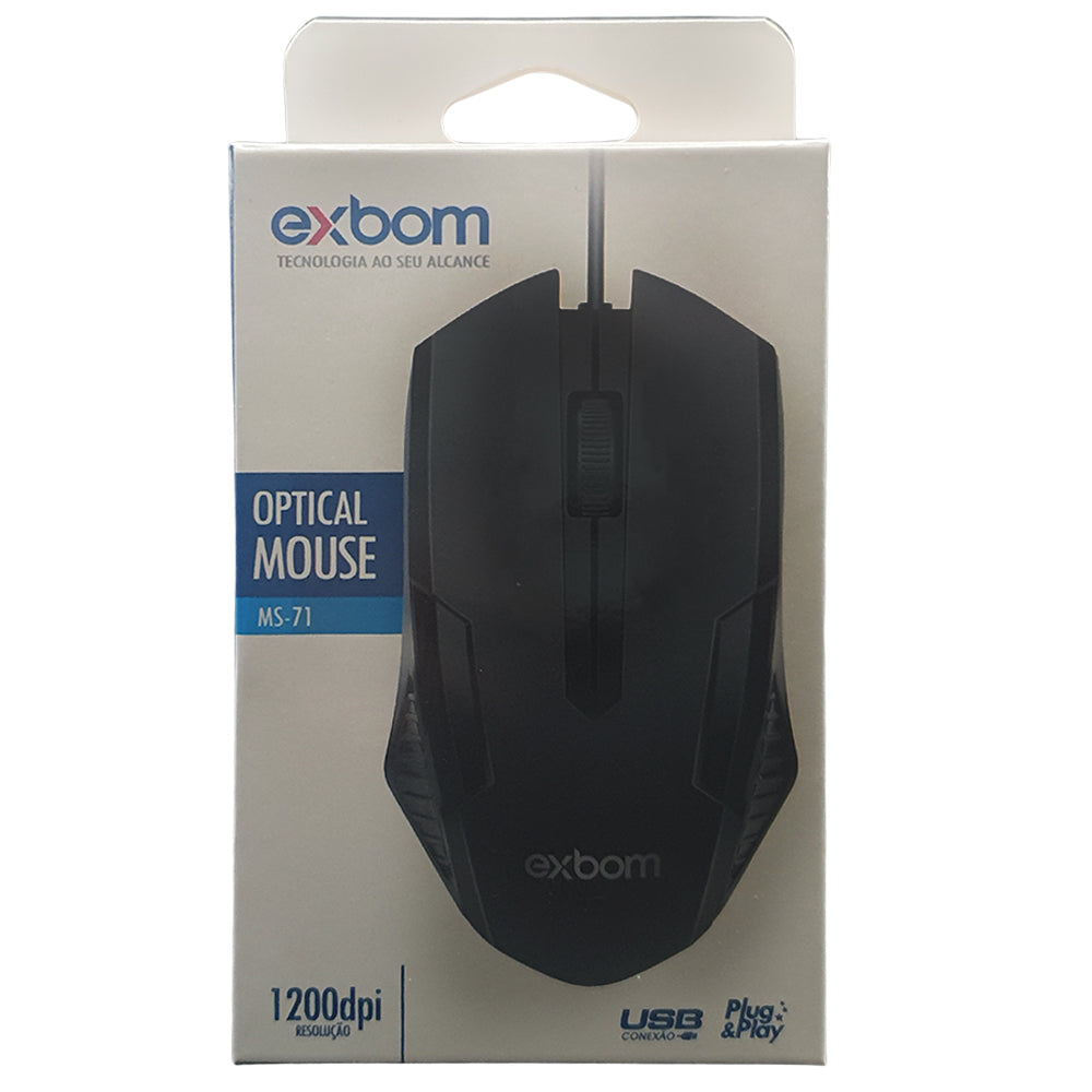 Mouse USB Óptico, 1.200 DPI, Com Cabo de 1 Metro, Compacto, Preto, Exbom- MS-71