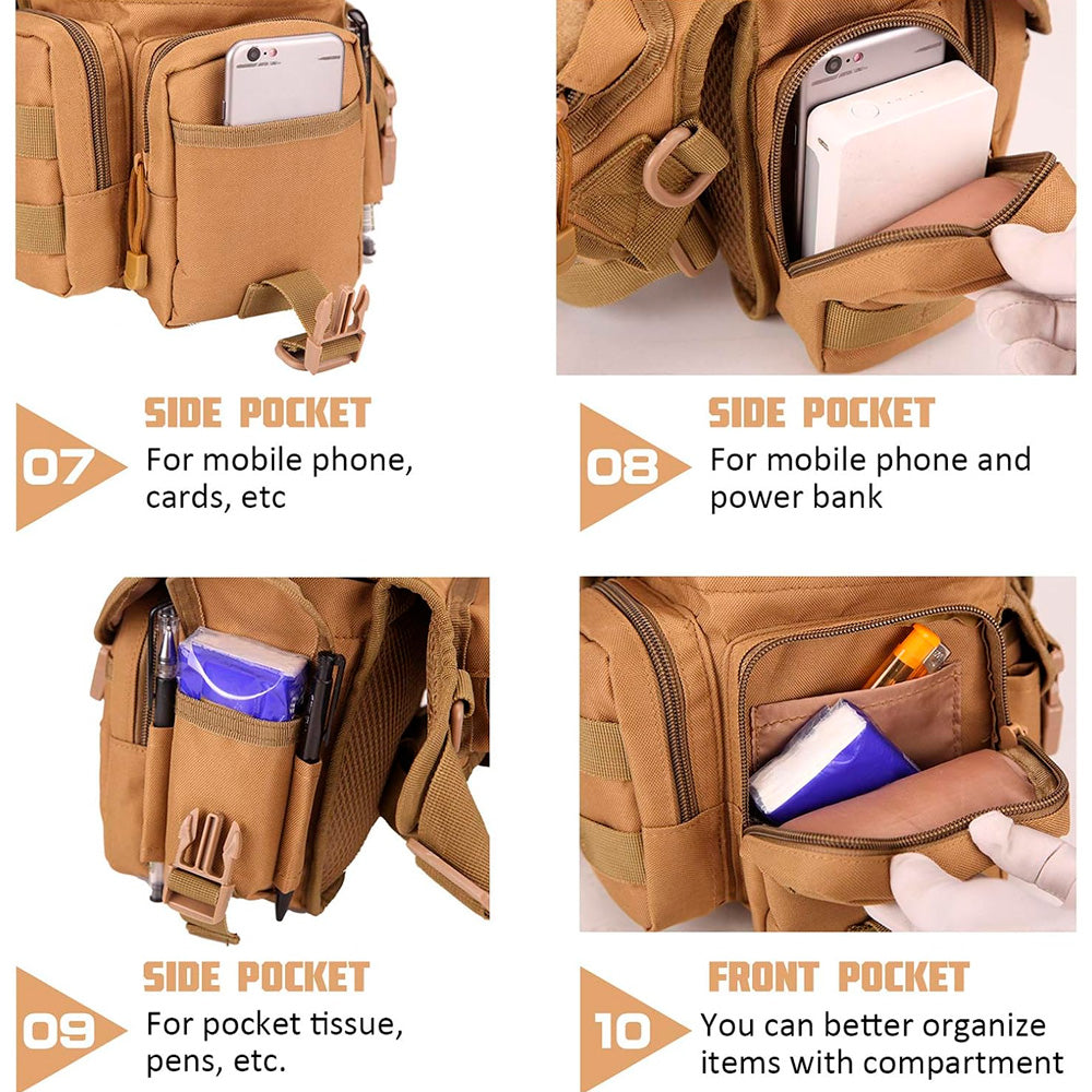 Pochete de Perna, Militar Com 7 Bolsos, Impermeável Com Ajuste de Tamanho, Multiuso - Bege