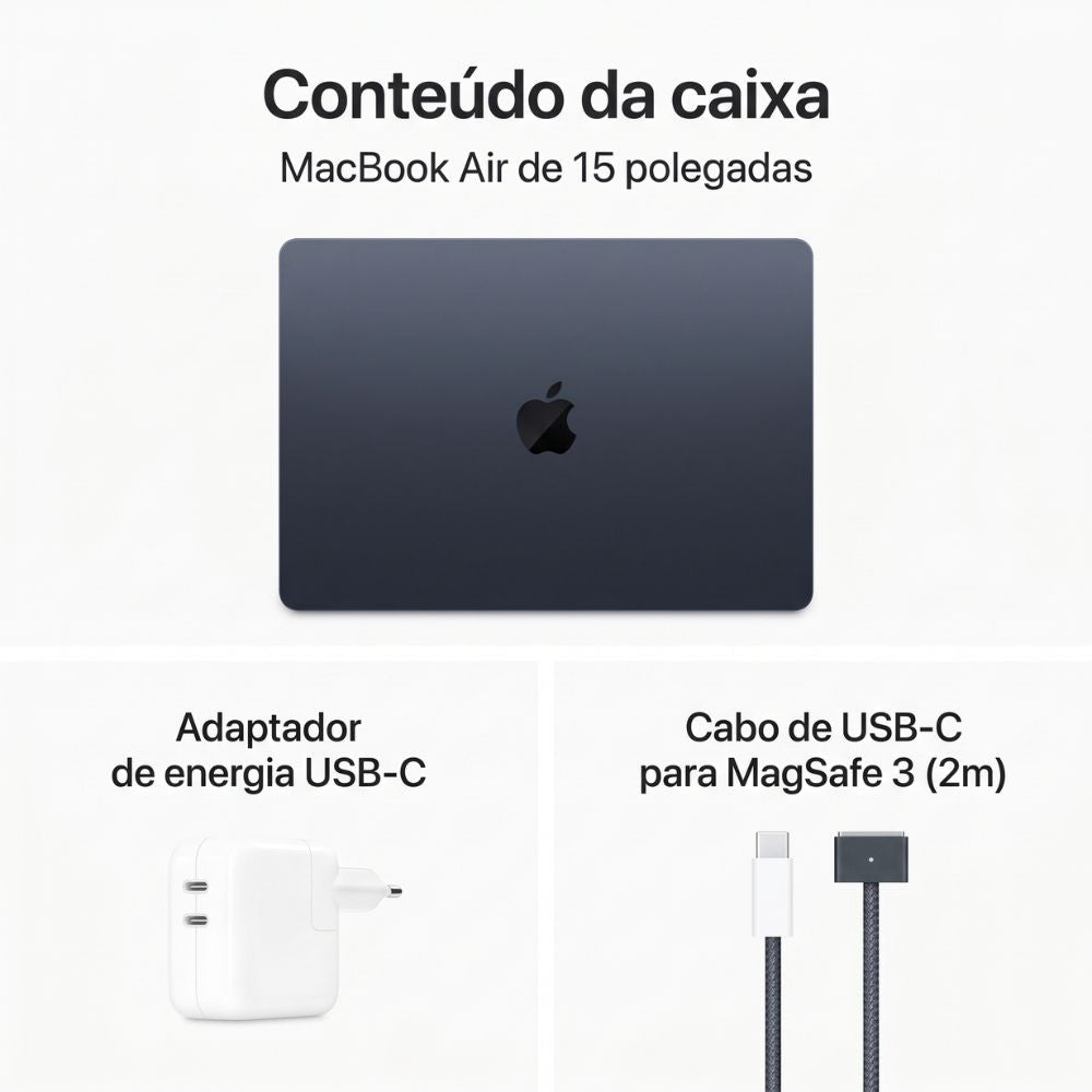 MacBook Apple Air M3 Tela 15"Polegadas, SSD 512 GB 16GB de Ram, A3114 , MT2E3BZ/A, Meia Noite