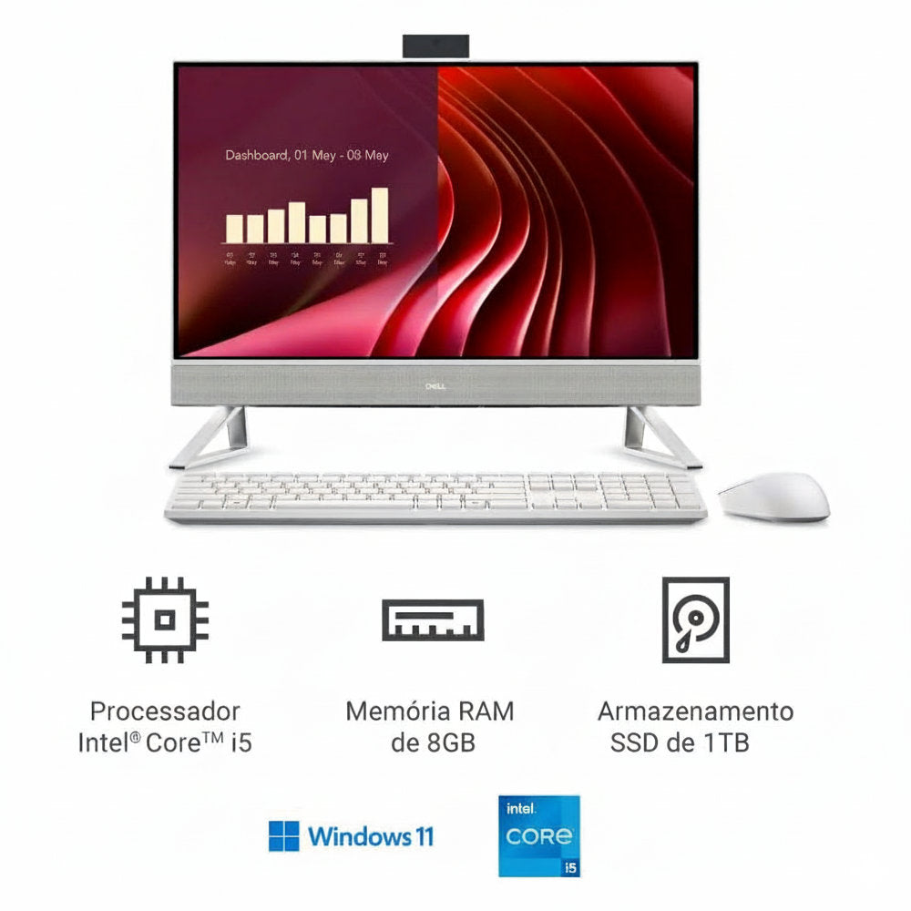 Computador Dell 24 All-in-One EC24250, 23.8" IPS Full HD, Intel Core i5, 8GB RAM, 1TB SSD, Win 11, AIO-i1303-A15, Branco