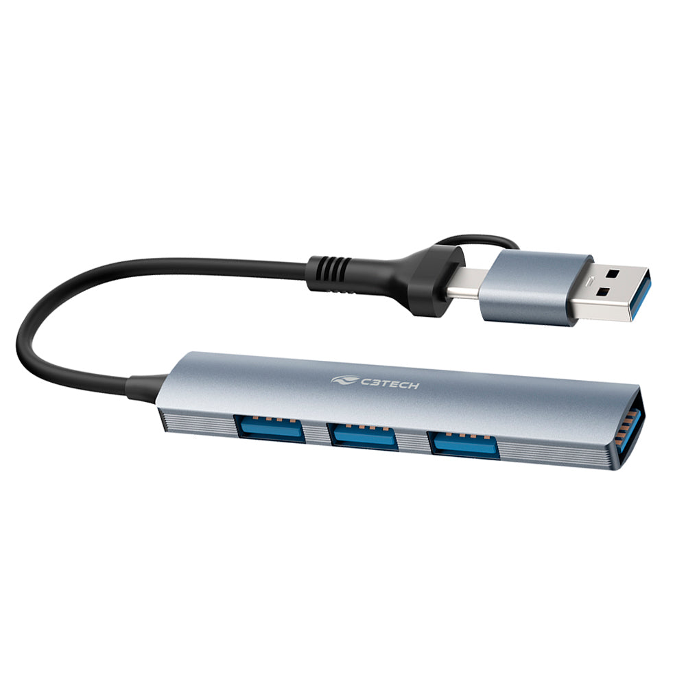 HUB USB 3.0, Com 4 Portas USB, HU-C500GY, C3Tech, Cabo 15cm, Cinza