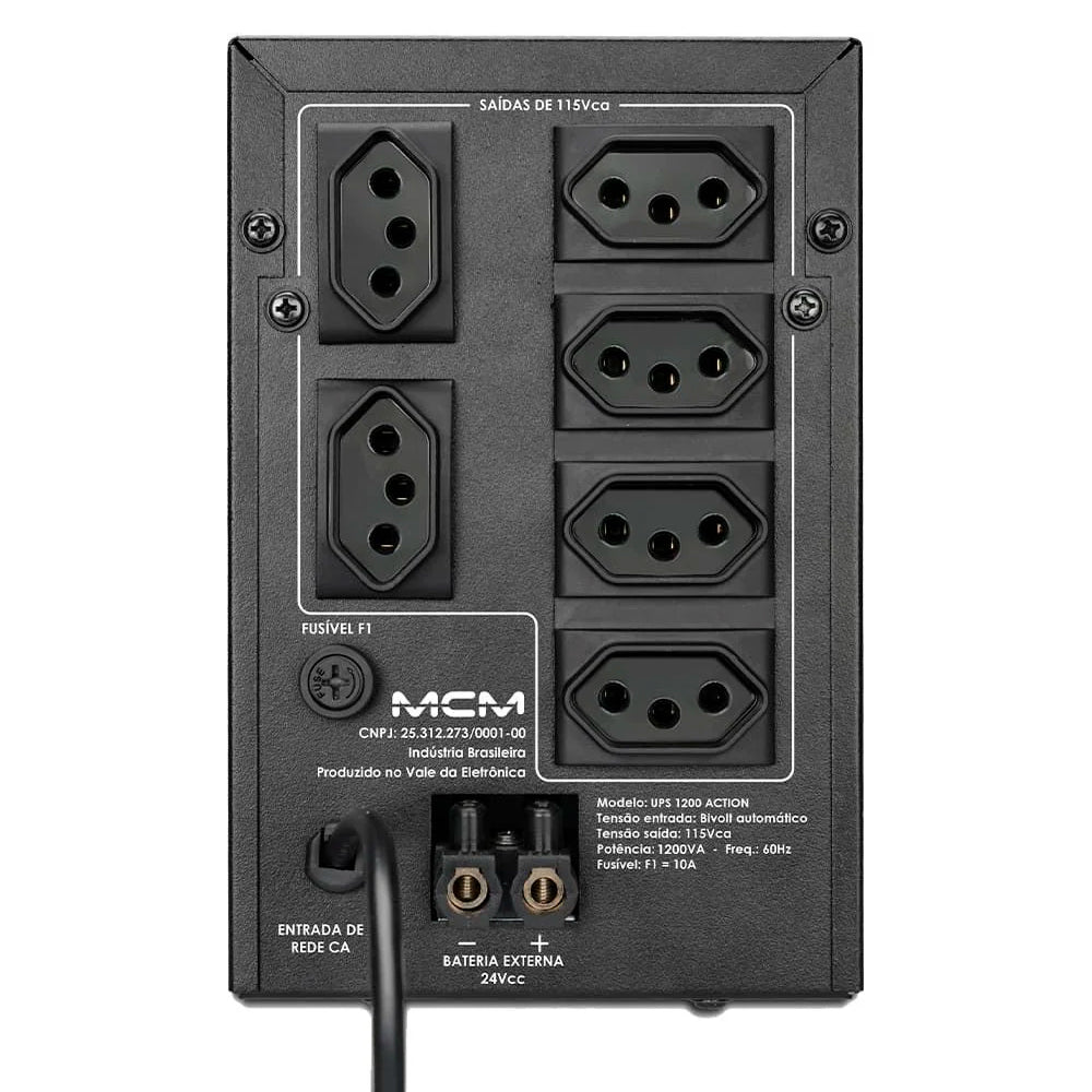 Nobreak MCM 1200VA UPS1200 ACTION FIT 3.1, 6 Tomadas, Trivolt/ 115V - UPS0257 - Com Suporte Para Bateria Estacionária