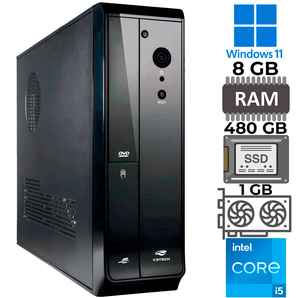 Computador Core I5-10400F, RAM 8GB DDR4, SSD 480, GT-H510 M2, Rede Gigabit, Placa de Vídeo 1GB, Gab Slim, Windows 11