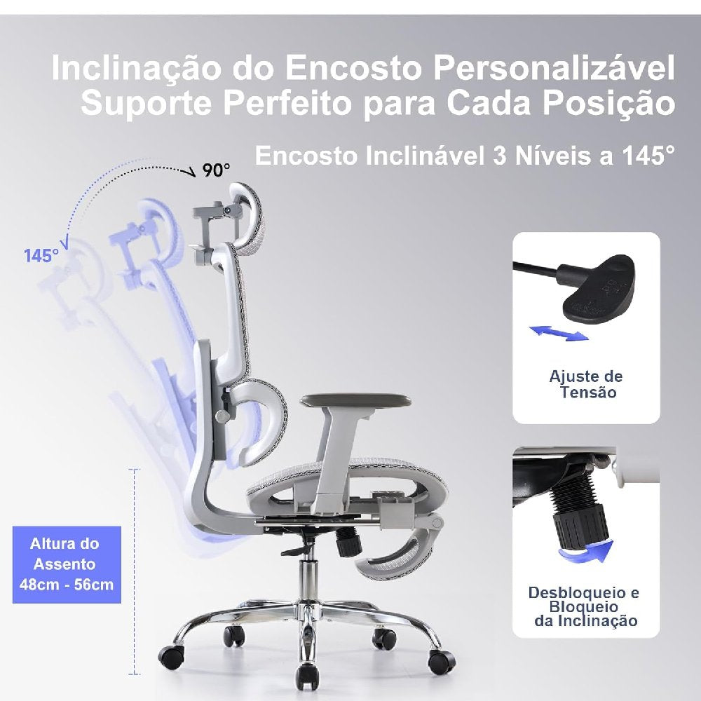 Cadeira Ergonômica LarkLeaves L10 Mesh Apoio de Pé Braço 3D Cinza