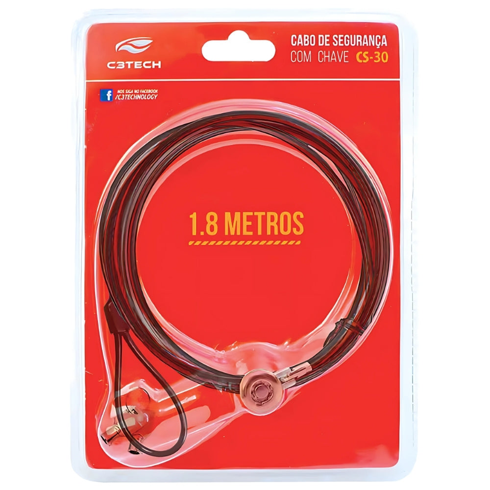 Cabo de Segurança Para Notebook C3-Tech, CS-30, Com Chave Tubula, Aço Revestido