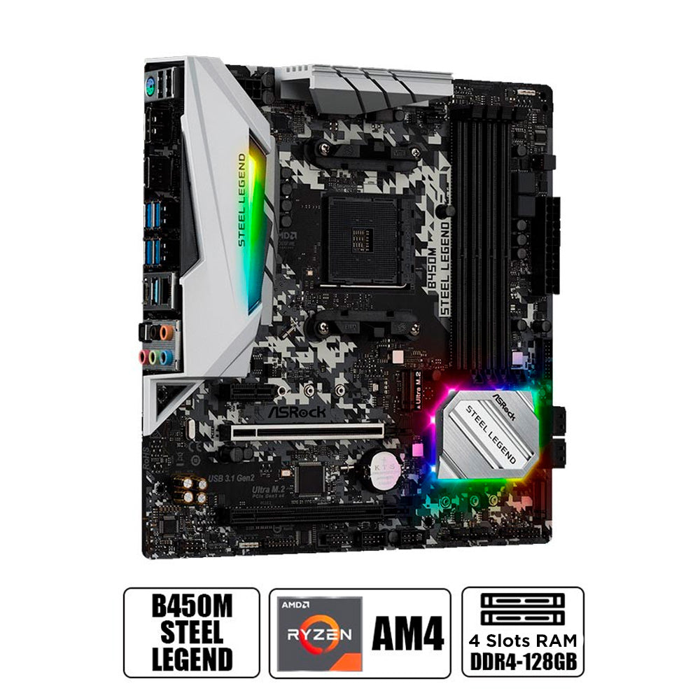 Placa Mãe AM4 B450M ASRock Steel Legend Com 4 Slots DDR4 , USB 3.1/Type-C/Displayport, HDMI