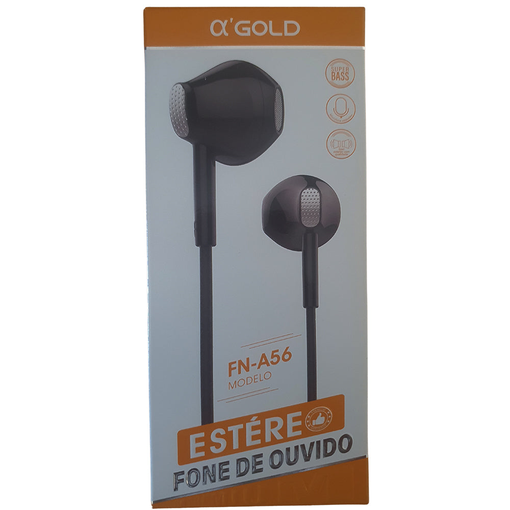 Fone De Ouvido Stereo, Super Bass, Fio 1.2 Metros, A'Gold - FN-A56 Preto