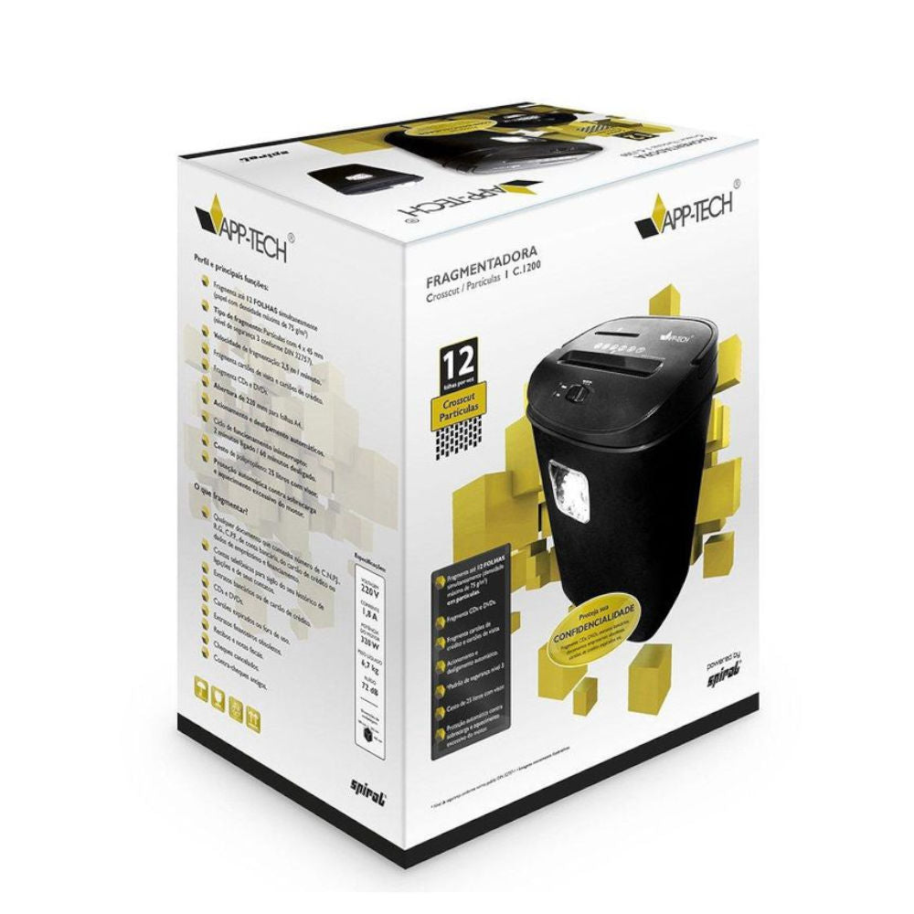 Fragmentadora de Papel App-Tech 12 Folhas em Partículas, CD / Cartão com Cesto 220v, C1200