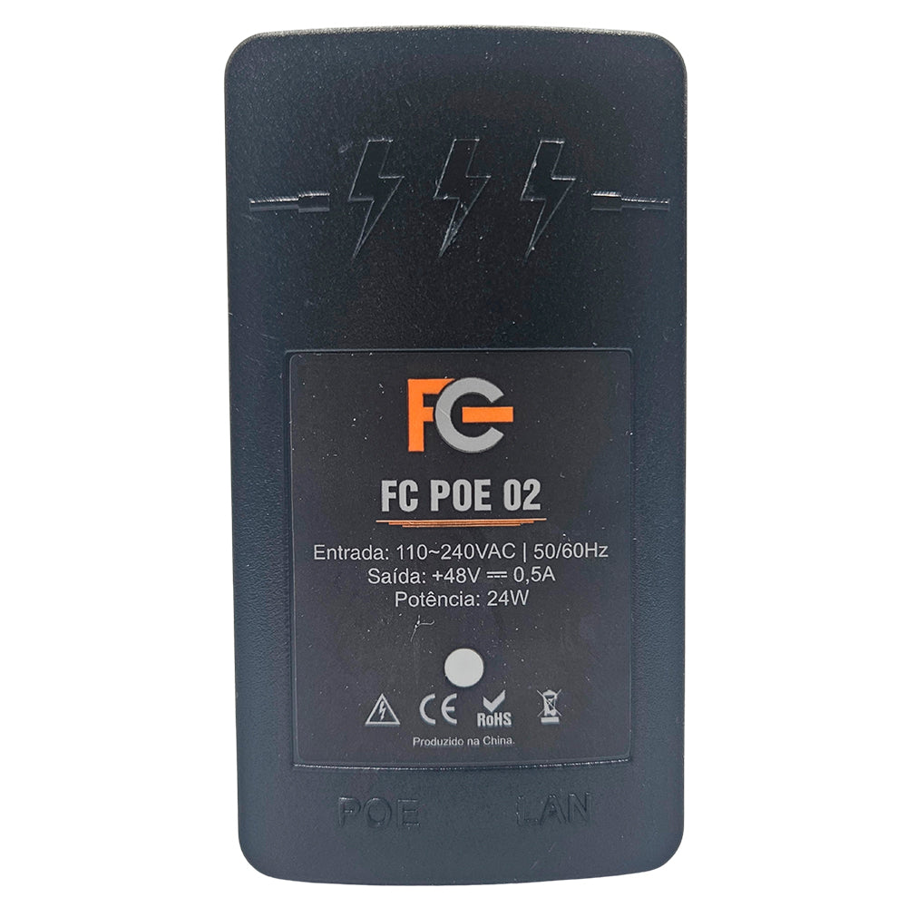 Fonte PoE 48Vdc 0.5A (24W), Bivolt 100-240Vac, 2 Portas RJ-45, PoE Passivo, Plug and Play, FCPOE02 - FC Fontes