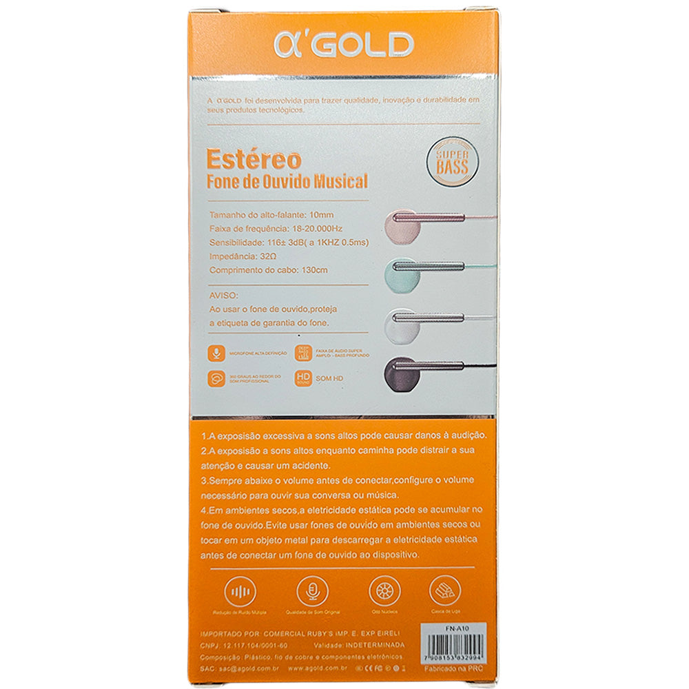 Fone De Ouvido Stereo, Super Bass, com Microfone, Entrada 3.5mm, Fio 1.3 Metros, A'Gold, FN-A10 - Verde