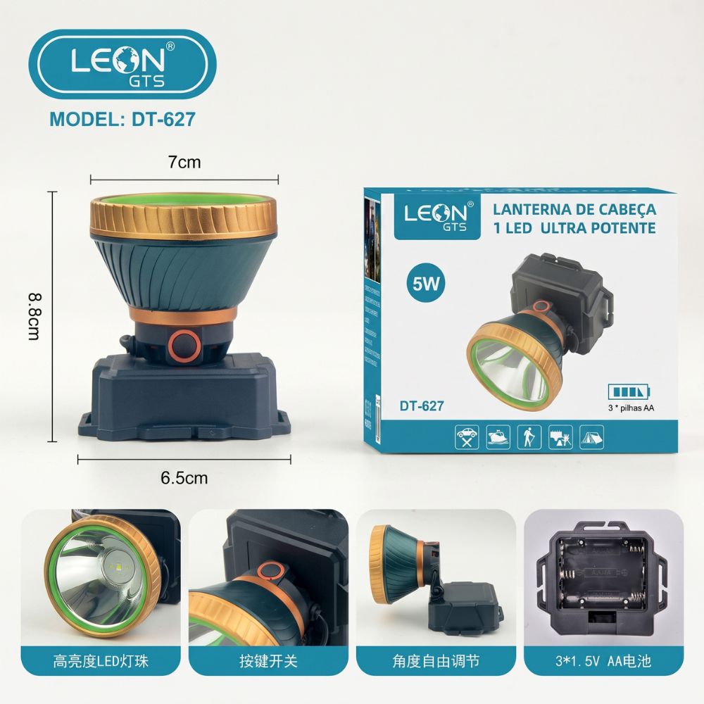 Lanterna de Cabeça LED 5W Leon LEON-627 GTS 3 Modos com Alimentação 3 Pilhas AA