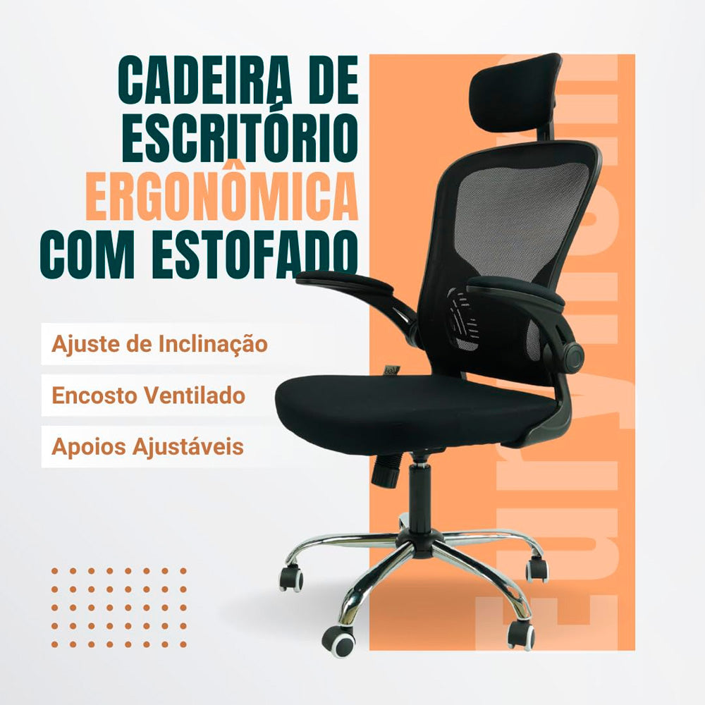 Cadeira Ergonômica Eurynom Giratória para Escritório e Home Office com Encosto Reclinável e Apoio Lomba, Preto