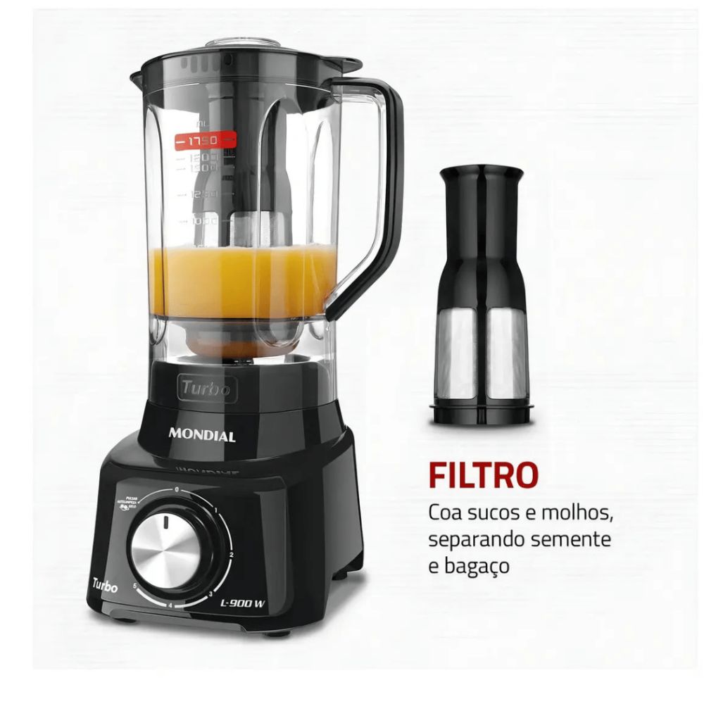 Liquidificador Mondial L-900 FB Com Filtro ,Copo de Acrílico, 5 Velocidades + Pulsar, 900W, 220V - Preto