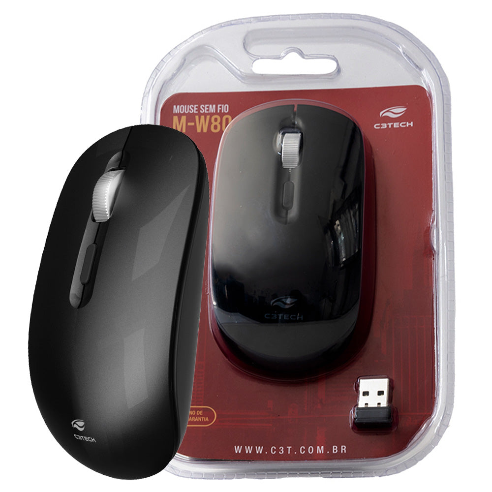 Mouse Sem Fio Recarregável M-W80BK 1600 DPI, C3Tech - Preto