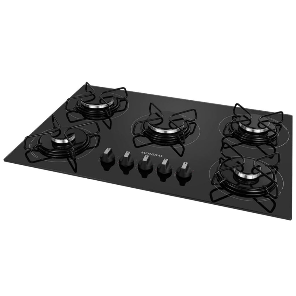 Cooktop 5 Bocas a Gás GLP Mondial CTG-02, Vidro Temperado Preto, Acendimento Automático, Bivolt