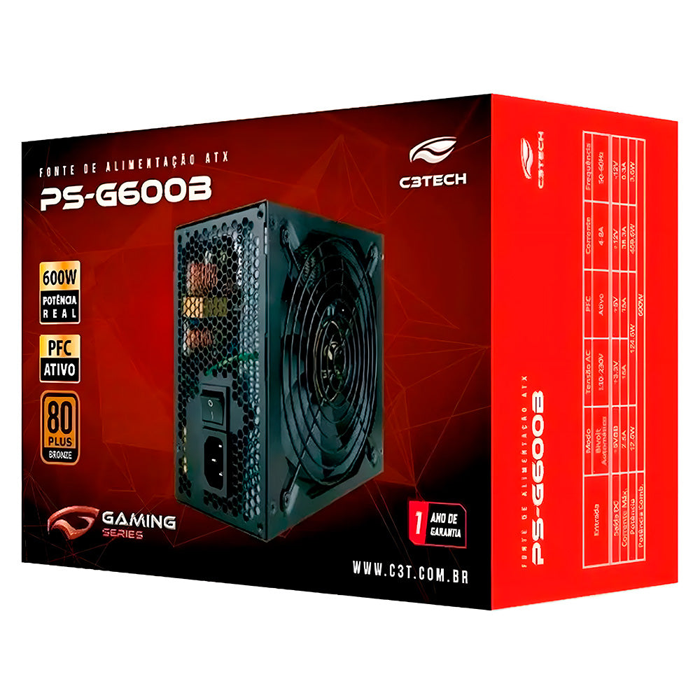 Fonte Gamer ATX 600W Real, PS-G600B, Selo 80 Plus Bronze, PFC Ativo, C3Tech