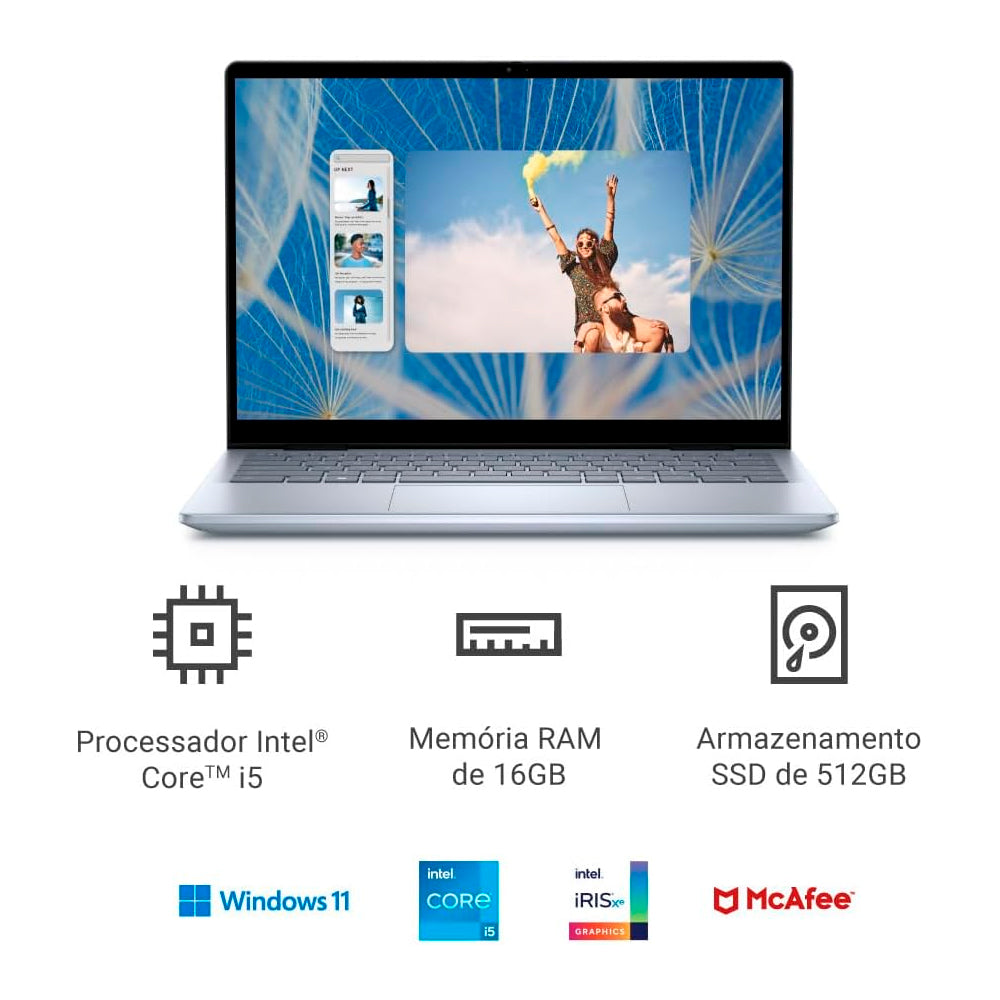 Notebook 2 em 1 Dell Inspiron 2IN1-I1300-A30 14" FHD+ Touch Intel Core i5 16GB 512GB SSD Windows 11 Prata Gelo