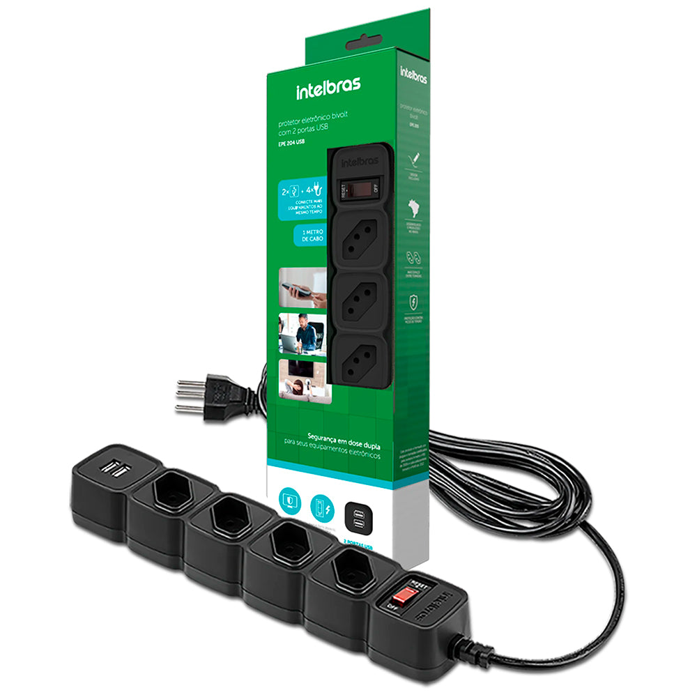 Filtro de Linha, Protetor Eletrônico Intelbras 4 Tomadas, 2 USB, EPE 204 USB - Preto