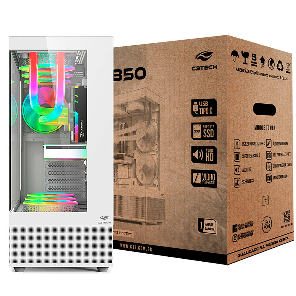 Gabinete Gamer C3Tech Aquarius MT-G850WH, Mid Tower, Lateral e Frontal Em Vidro Temperado, Sem Fonte - Branco