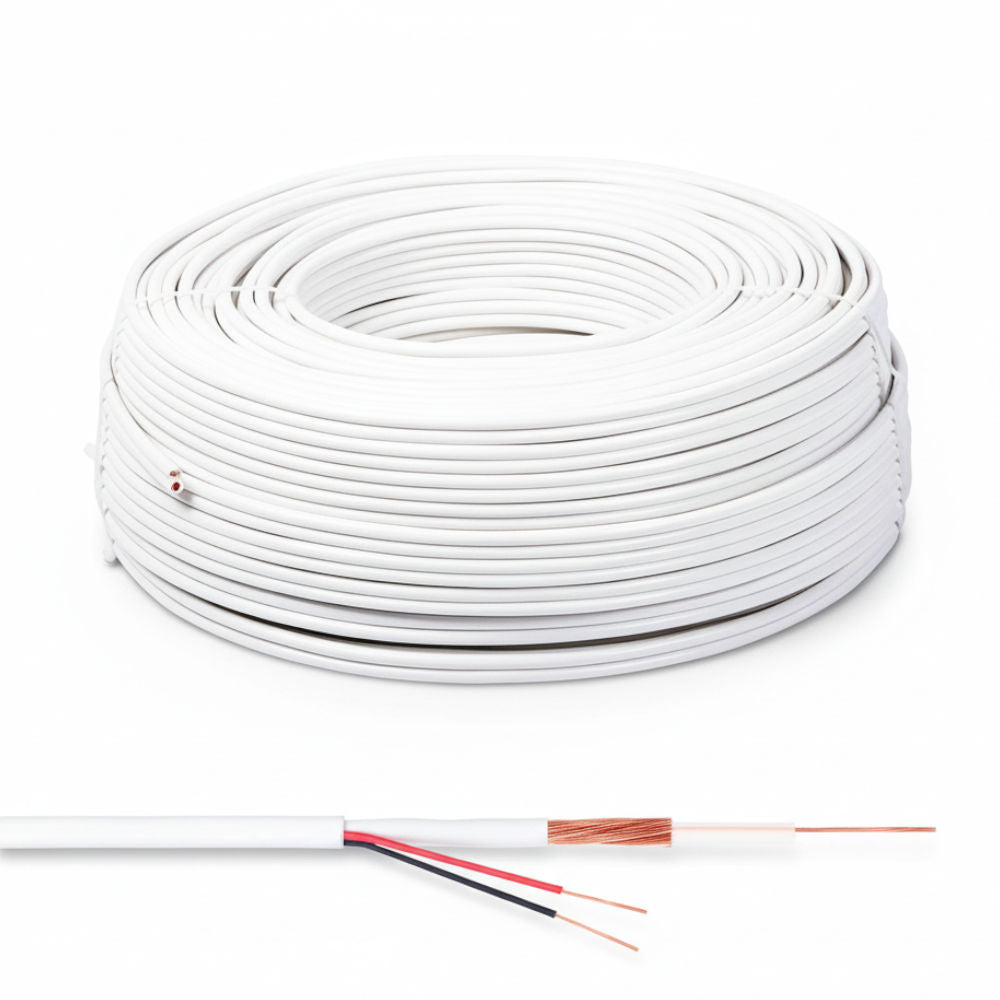 Rolo 100 Metros de Cabo Coaxial 4mm Trançado com Alimentação Interna para CFTV, Diproseg, 2x26AWG - Branco