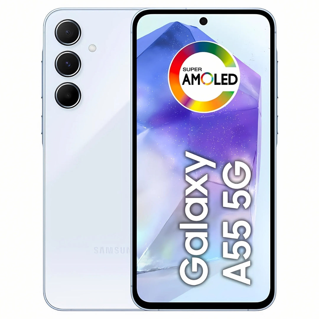 Smartphone Samsung Galaxy A55 5G 128GB Azul Claro, 8GB RAM, Câmera Tripla, Traseira 50MP, Selfie 32MP, Super AMOLED 6.6"