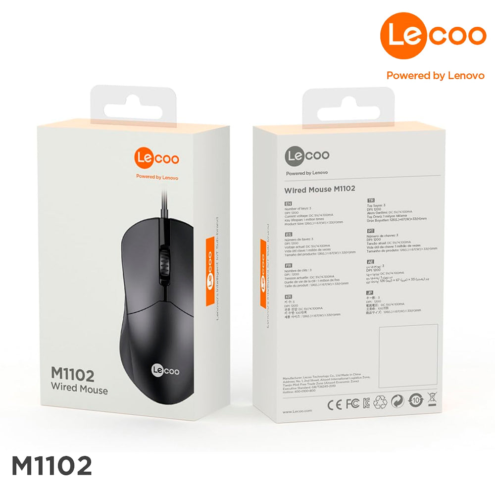 Mouse Com Fio USB, Lenovo Lecoo, 1.200 DPI, M1102, Ambidestro, Preto