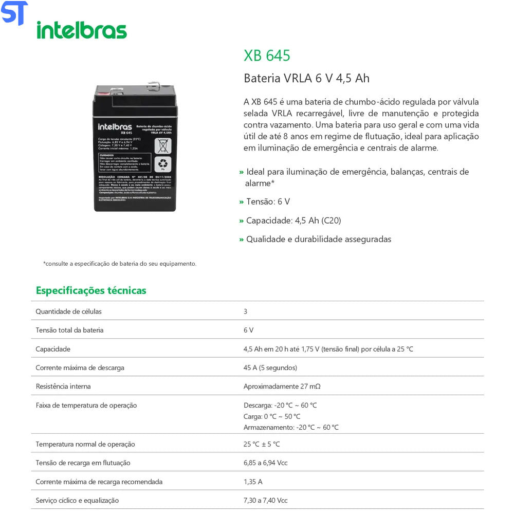 Bateria VRLA  XB 645 6V 4,5Ah Iluminaçao E Central de Alarme Intelbras