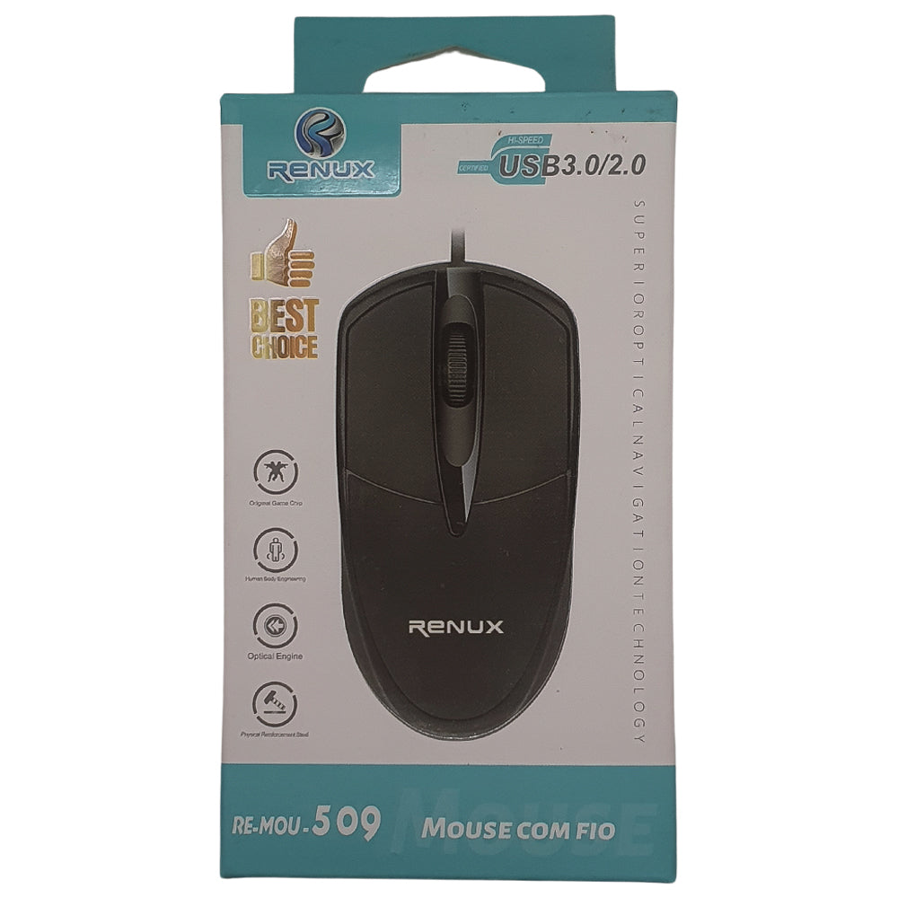 Mouse Óptico Com Fio USB 3.0, Com 1.000 de DPI, RENUX - RE-MOU-509