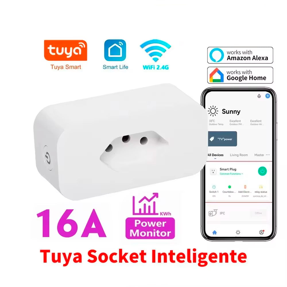 Plug De Tomada Inteligente 16A, Padrão Brasileiro, Compatível Com Alexa e Google Home - Tuya