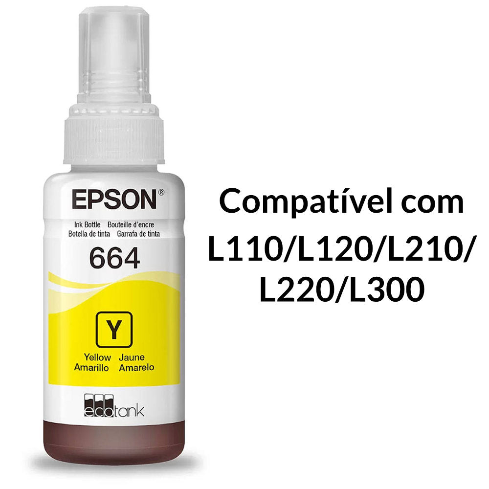 Refil de Tinta Epson 664 Amarelo 70Ml T664320 Rende até 4.000 Páginas, Para L110/L120/L210/L220/L300 (Caixa)