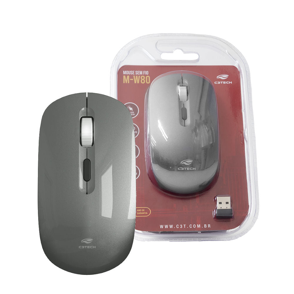 Mouse Sem Fio Recarregável 1600 DPI, Nano Receptor USB, Cinza, M-W80GY - C3Tech