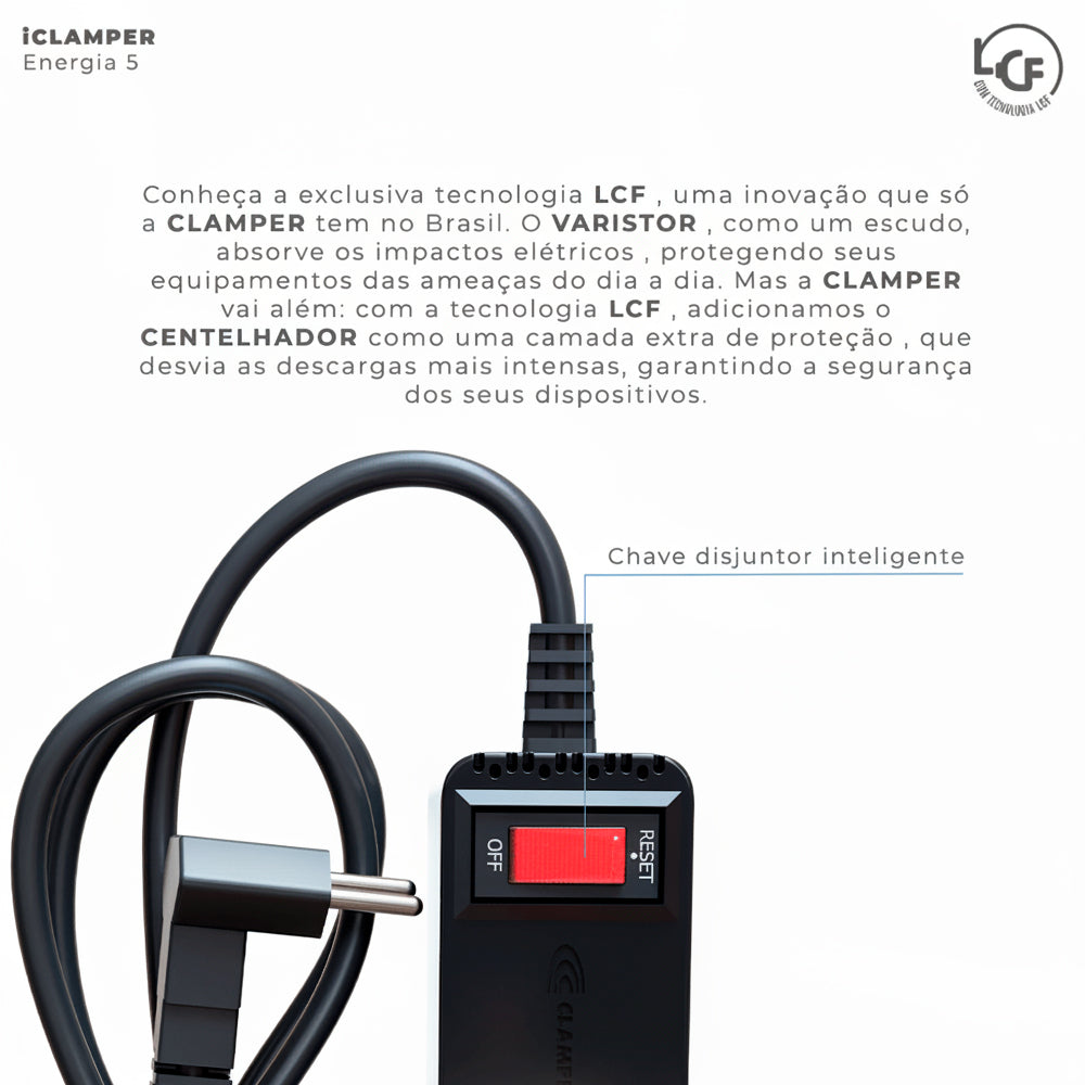 Filtro de Linha Clamper 5 Tomadas 2P+T, 10A, Bivolt, 1m, Proteção contra Surtos Elétricos com Tecnologia LCF - Preto