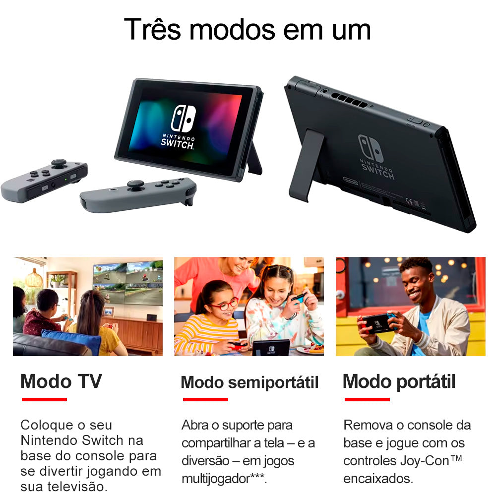 Console Nintendo Switch 32GB Cinza, Com Controle Joy-Con, Bateria Extendida, HADSKAAA