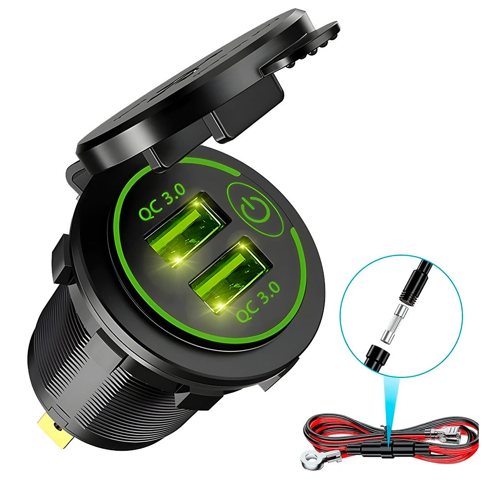 Carregador Veicular Com Duas Entradas USB (QC) 3.0, Luz Led Verde - Preto