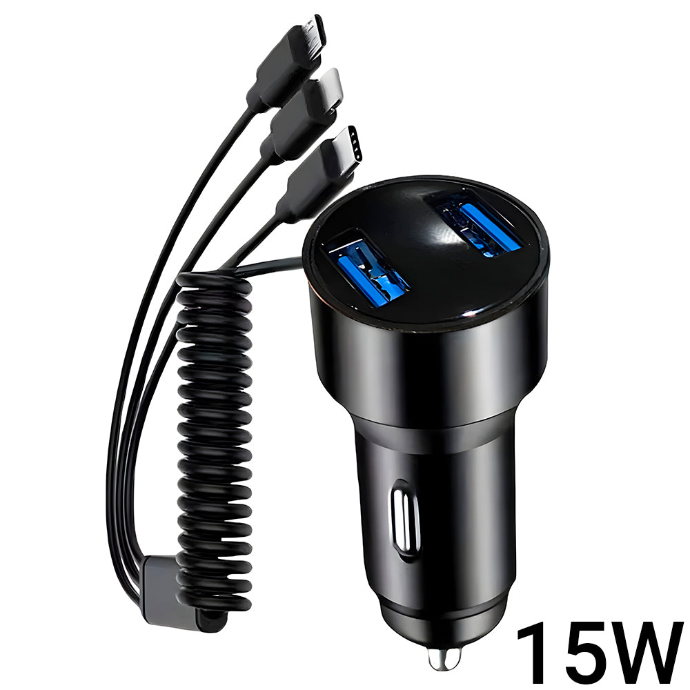 Carregador Veicular Com Duas Portas USB 3.1A e Cabo Com 3 Conectores, 15W, Display Digital - Preto