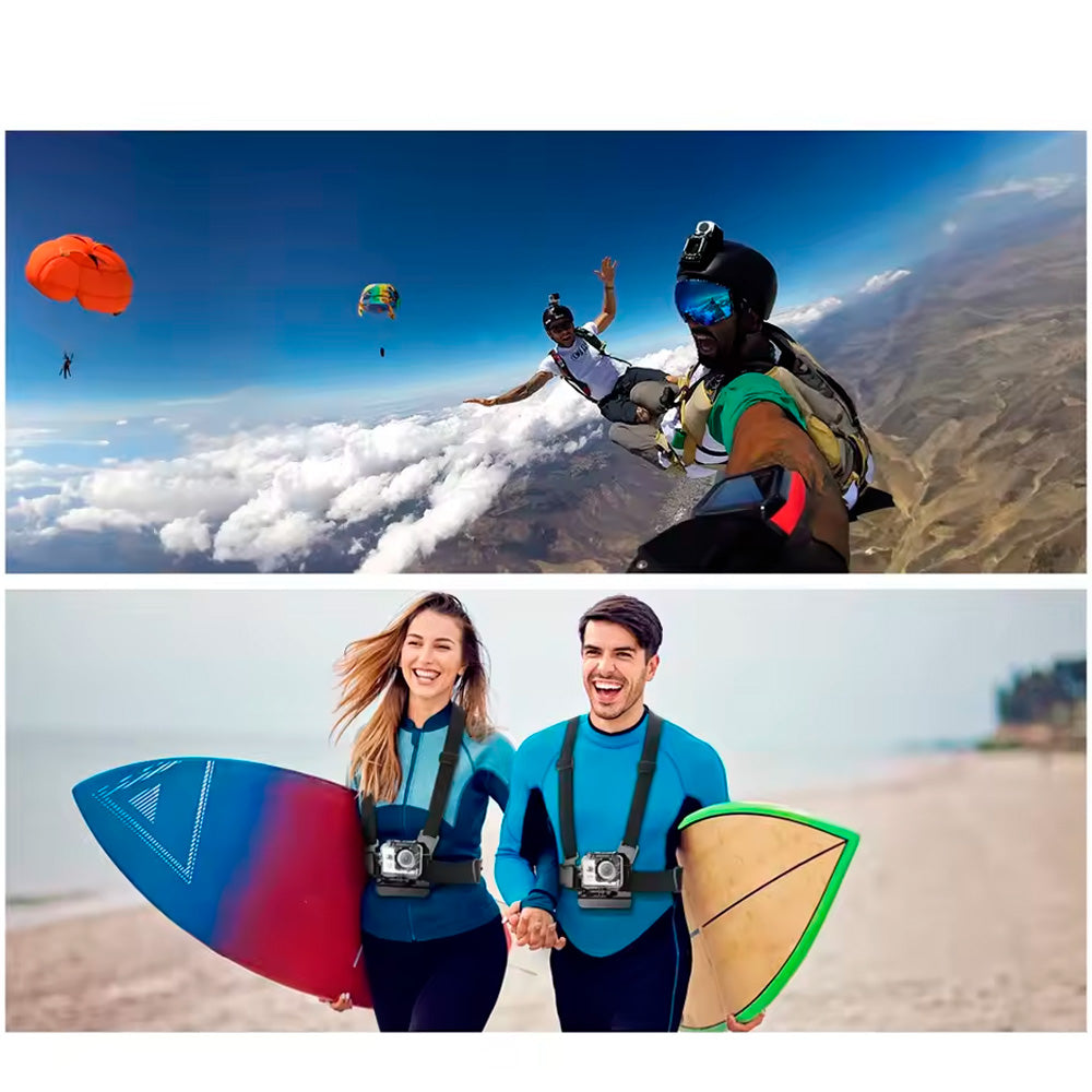 Kit Suporte Para Celular e Câmeras GoPro, 6 Peças, Suporte de Peito e Cabeça, Ajustável, Estabilidade Reforçada, Preto