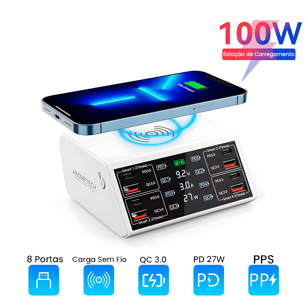 Estação de Carregamento 100W Com 4 Entradas USB e 4 Entradas USB-C - Suporte a Carga Sem Fio Asometech - Branco