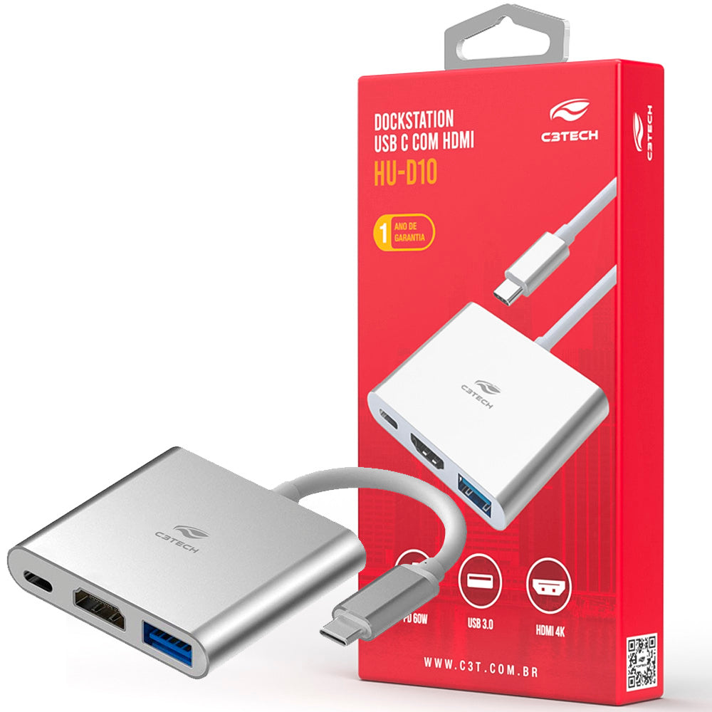 HUB USB-C 3.0, Com 3 Portas, Saída HDMI 4K 30Hz HU-D10SI, C3tech - Prata