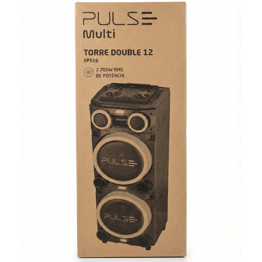 Caixa de Som Pulse SP516 Torre Double 12", 2700W, Bluetooth, USB/SD, Rádio FM, Bateria Recarregável