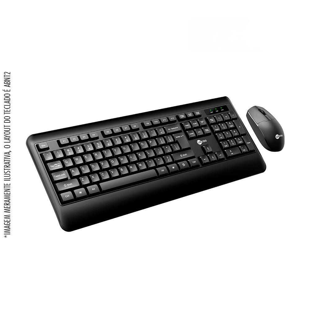 Kit Teclado Membrana, Padrão ABNT2 e Mouse Sem Fio 1.200 DPI Lecoo KW202 - Preto