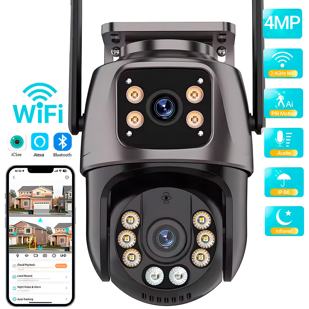 Câmera de Segurança Dupla, Giratória, IP, Wi-Fi, Full HD, 4MP, PTZ, Visão Noturna, iCSee, Compatível Alexa, IP66, Preta