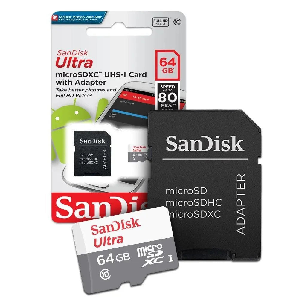 Cartão SanDisk Ultra MicroSDXC 64GB UHS-I Classe 10 A1 100MB/s Full HD c/ Adaptador SD p/ Android SDSQUNR-064G-GN3MA