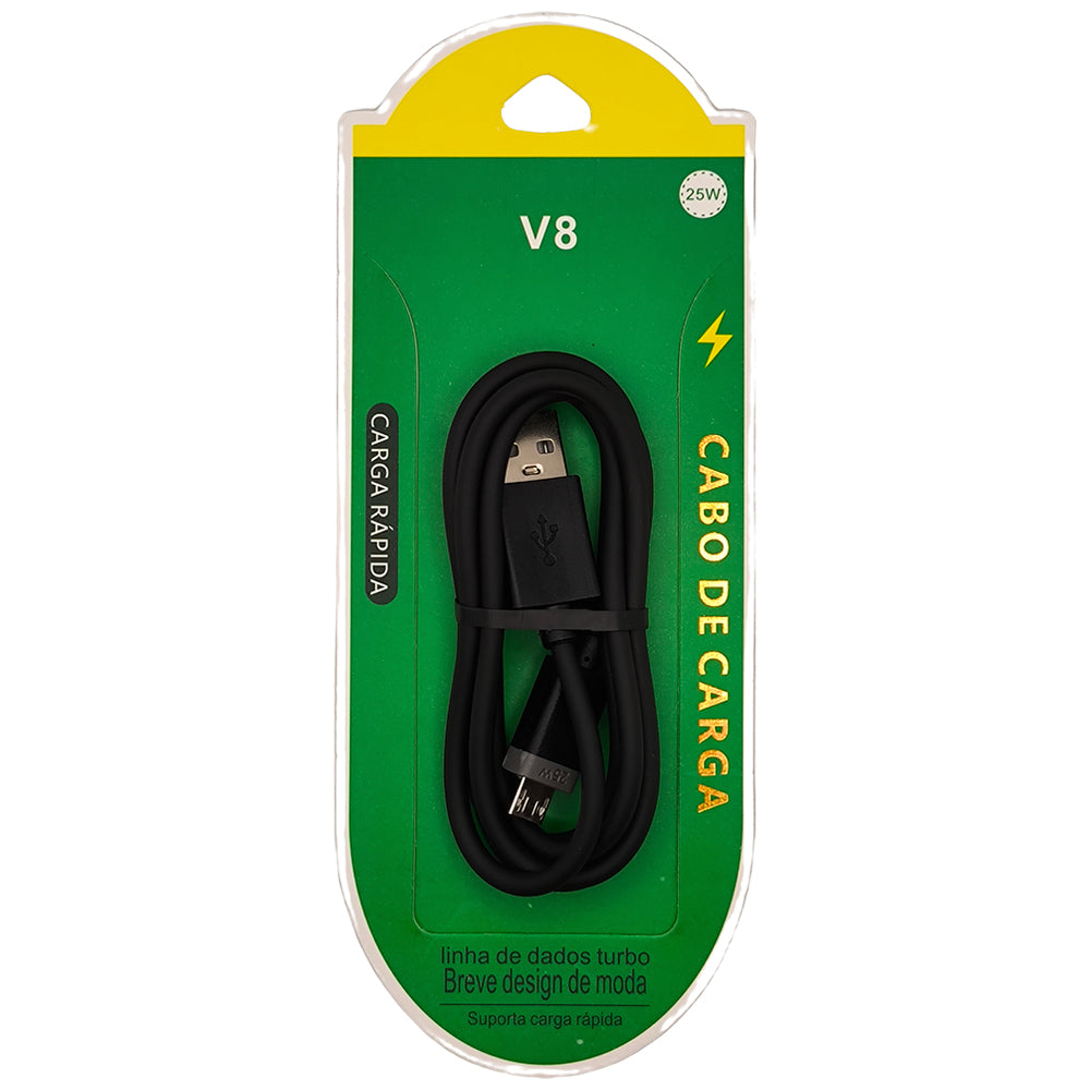 Cabo USB Para V8, Carregamento Rápido, 25W, 1 Metro de Comprimento, Preto, Caixa Verde